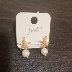 Gold Starfish Earrings with Faux Pearl Accent